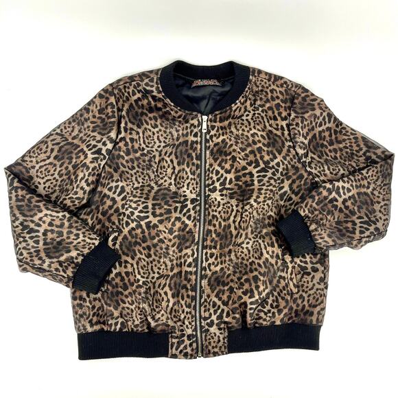 QED London Jackets & Blazers - QED London Black Tan Gauze Leopard Zip Bomber Jacket Womens US 10